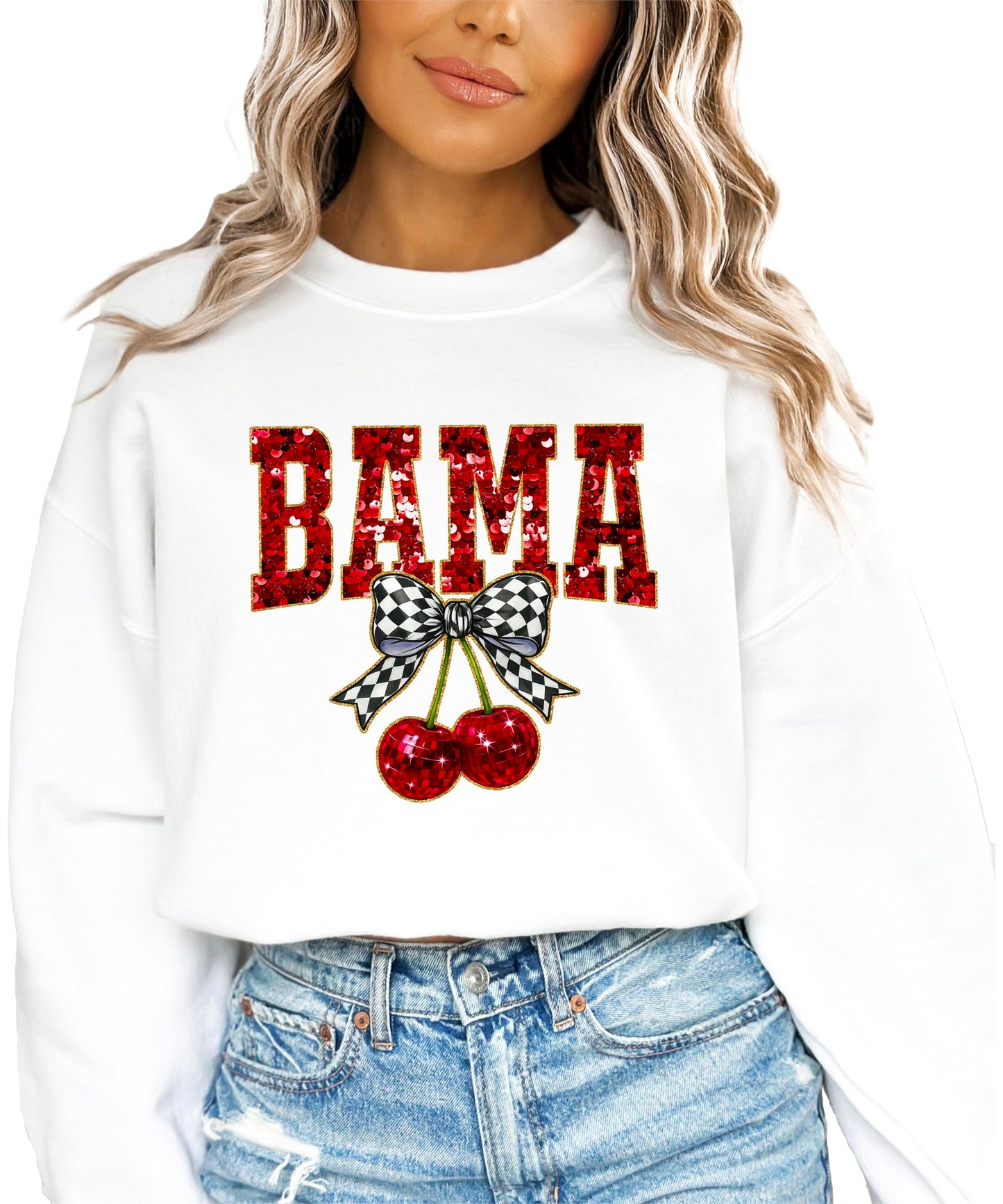 Olive Loves Apple Bama Red Ink-Printed Sequins Sweatshirt for Women & Teens Alabama Fall Sports Sweater