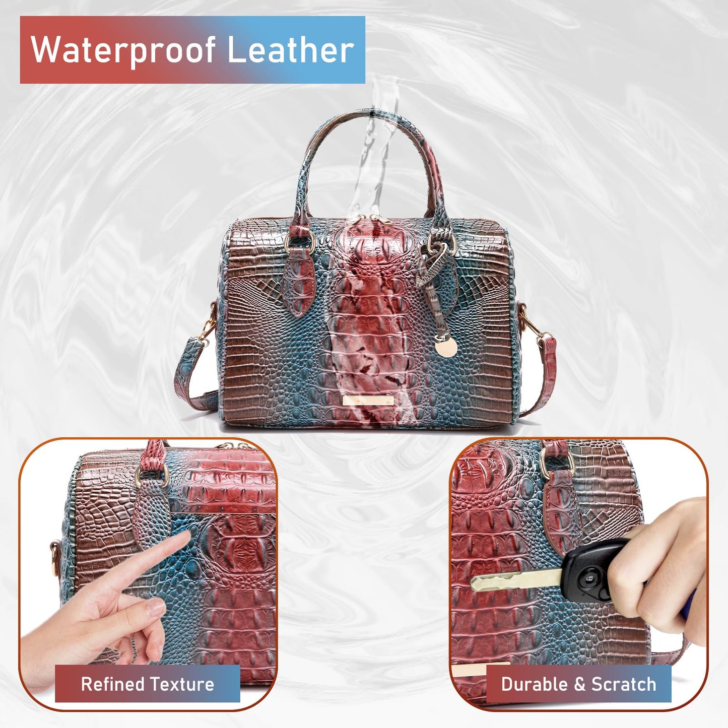 Makcr Joacbv Crocodile Handbag for Women Top Handle Leather Shoulder Purse | Glossy crocodile-embossed vegan leather with rolled handles, buckle details, a structured dome shape, and adjustable strap.