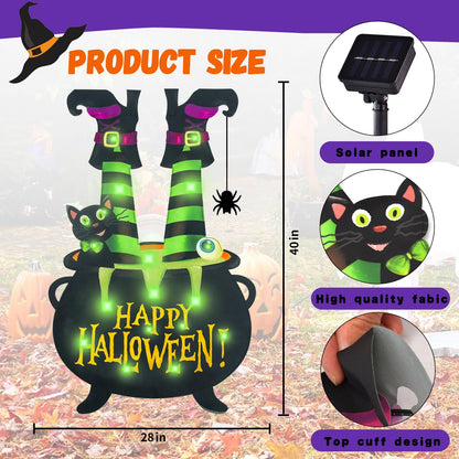 Halloween Lighted Garden Flag for Outside, Led Solar Yard Flag 8 Modes Witch Feet Shape Flag, 28x40 Double Sided Cauldron Eyeball Black Cat Decorations for Home Porch