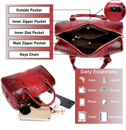 Makcr Joacbv Crocodile Handbag for Women Top Handle Leather Shoulder Purse | Glossy crocodile-embossed vegan leather with rolled handles, buckle details, a structured dome shape, and adjustable strap.