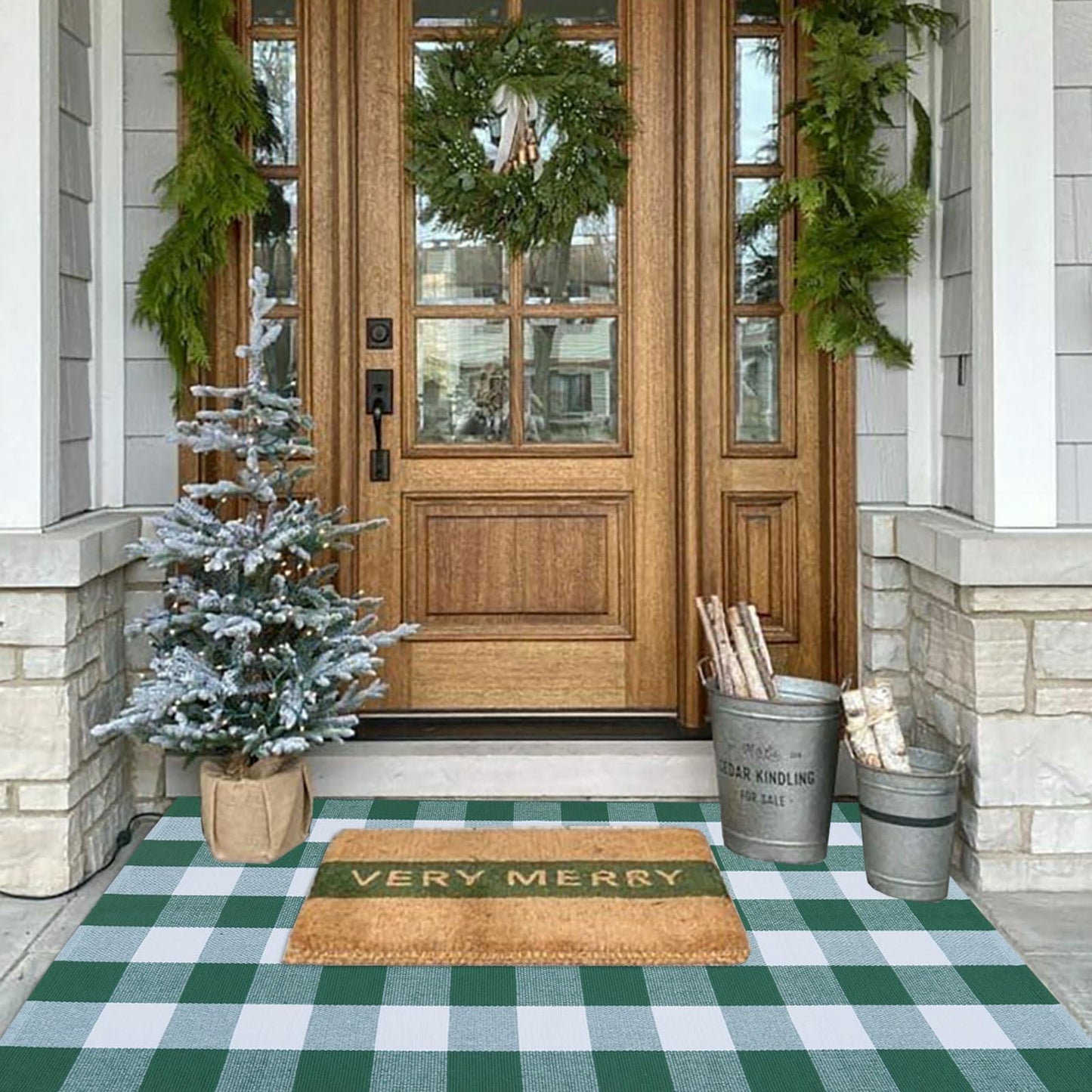 Christmas Door Mat Outdoor 35.4''x59'' Buffalo Plaid Christmas Decor Rug Cotton Hand-Woven Layered Door Mats Washable Carpet for Front Porch, Kitchen, Farmhouse, Entryway