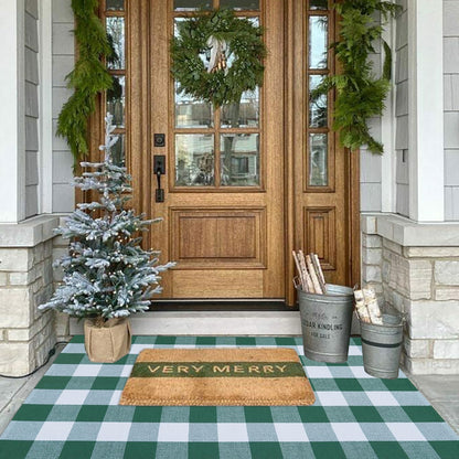 Christmas Door Mat Outdoor 35.4''x59'' Buffalo Plaid Christmas Decor Rug Cotton Hand-Woven Layered Door Mats Washable Carpet for Front Porch, Kitchen, Farmhouse, Entryway
