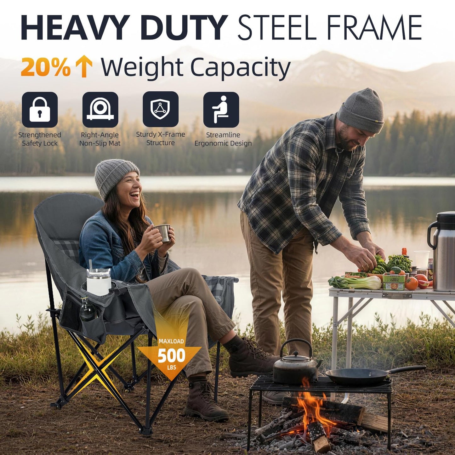 Oversized Camping Chairs for Adults - Heavy Duty Padded Outdoor Camp Chair