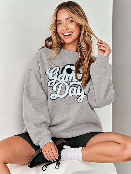 Game Day Soccer Sweatshirt Women Soccer Season Chenille Patch Pullover Top Causal Long Sleeve Football Top