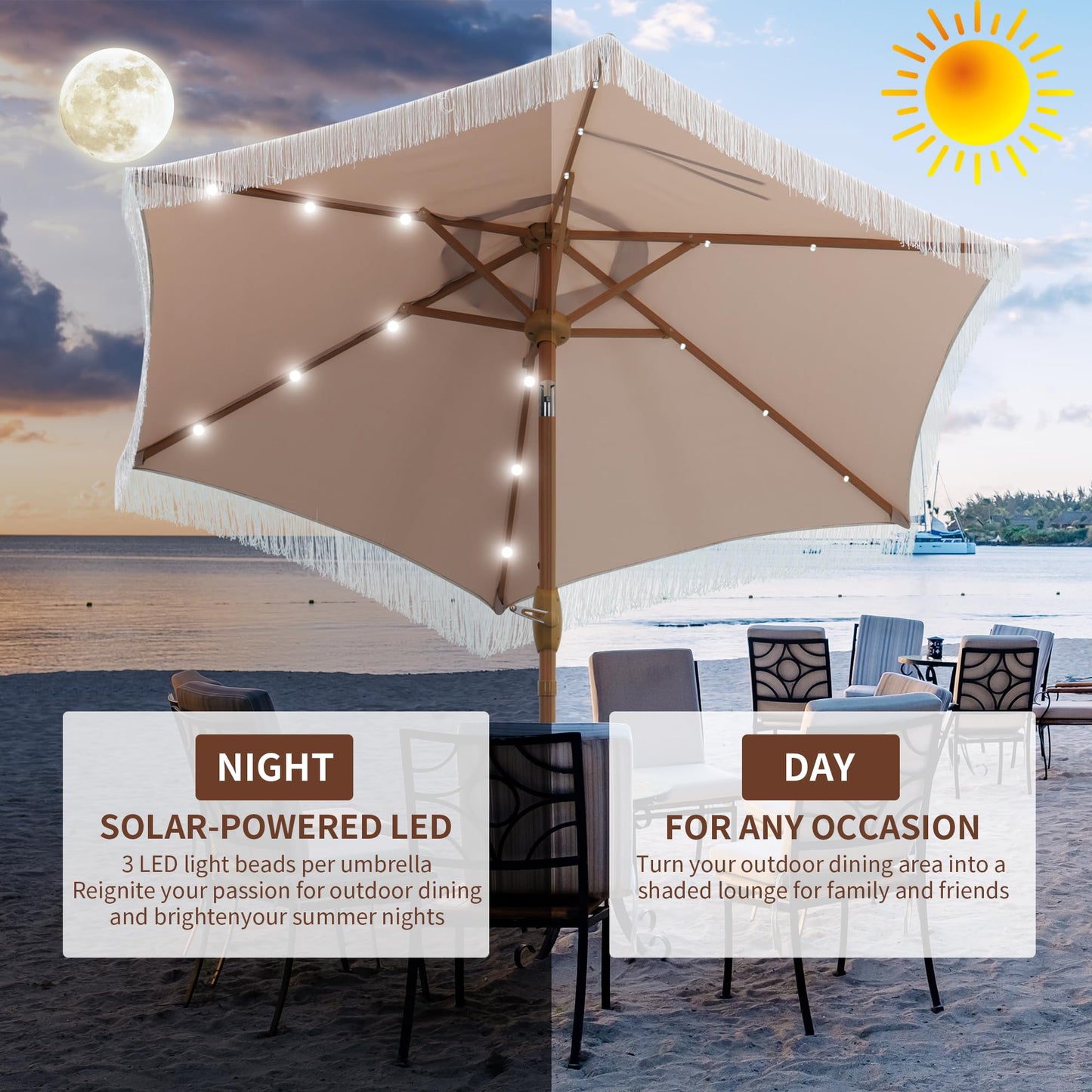 GDY 7.5ft Tassel Patio Umbrella and Matching Base, Outdoor Table Umbrella with 18 LED Lights,Market Umbrella with 6 Sturdy Ribs, with Push Button Tilt and Crank, Bright White