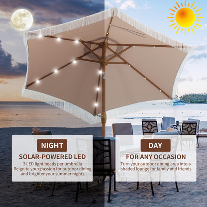 GDY 7.5ft Tassel Patio Umbrella and Matching Base, Outdoor Table Umbrella with 18 LED Lights,Market Umbrella with 6 Sturdy Ribs, with Push Button Tilt and Crank, Bright White