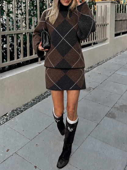 Cicy Bell Women Mock Neck Argyle Sweater 2 Piece Outfits Mini Skirt Sets
