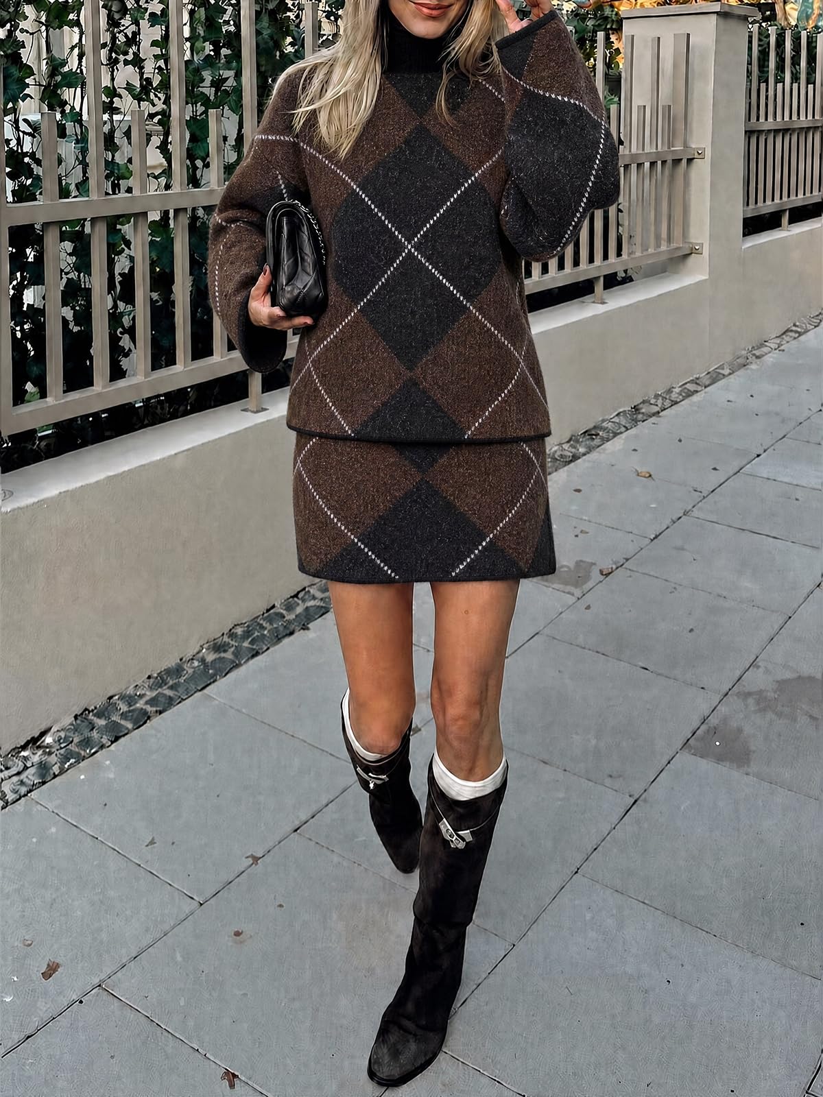 Cicy Bell Women Mock Neck Argyle Sweater 2 Piece Outfits Mini Skirt Sets