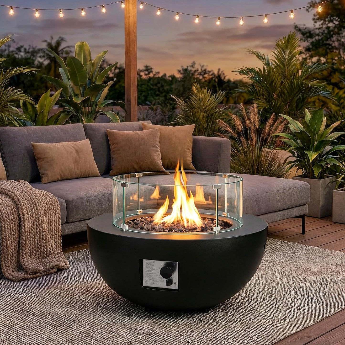 31.5 Inch Round Propane Fire Pit Table - Concrete Round Fire Bowl 50,000 BTU Natural Gas Firepit Burner with Steel Lid, Lava Rocks, Waterproof Cover for Outside Patio, Backyard, Party