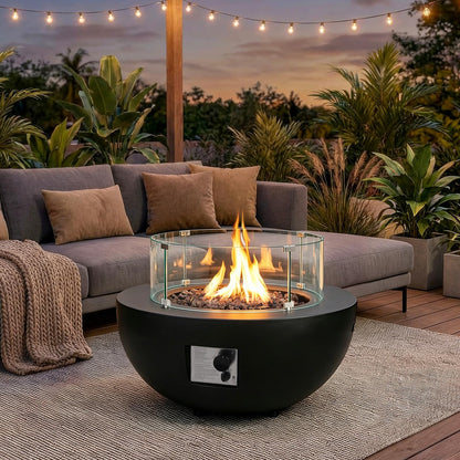 31.5 Inch Round Propane Fire Pit Table - Concrete Round Fire Bowl 50,000 BTU Natural Gas Firepit Burner with Steel Lid, Lava Rocks, Waterproof Cover for Outside Patio, Backyard, Party