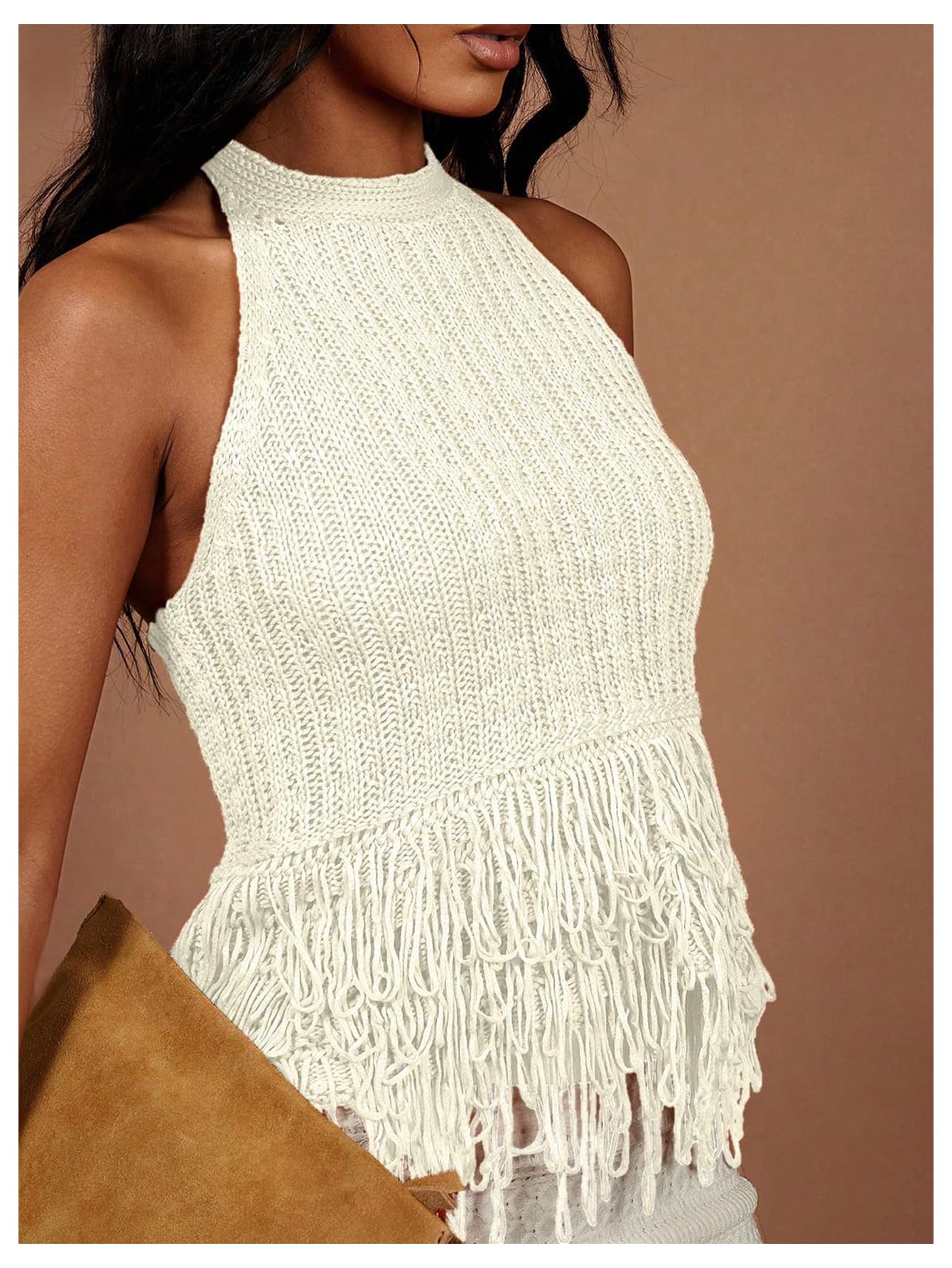 SweatyRocks Women's Boho Fringe Halter Tops Sleeveless Open Back Summer Knit Crochet Tank Top