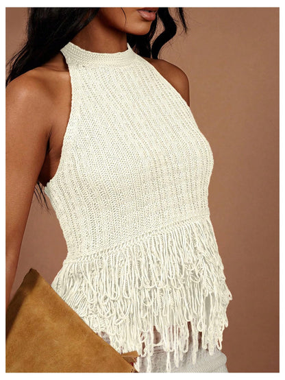 SweatyRocks Women's Boho Fringe Halter Tops Sleeveless Open Back Summer Knit Crochet Tank Top