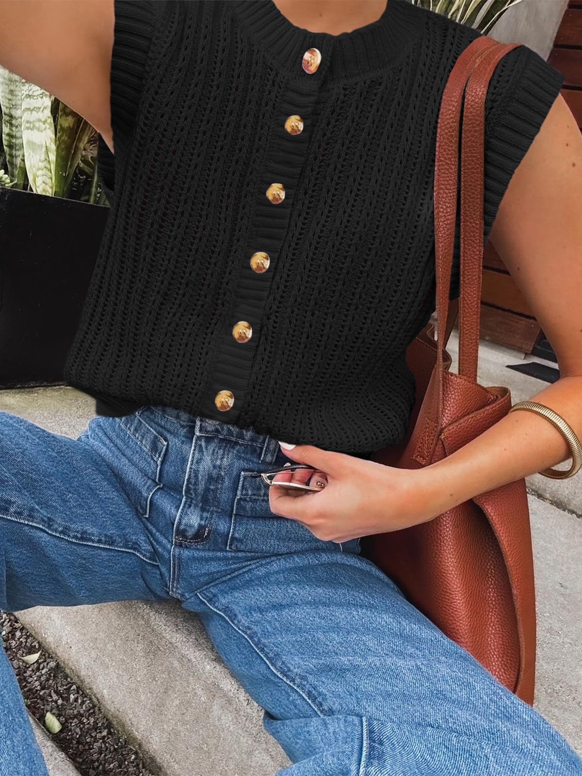 Saodimallsu Womens Sleeveless Sweater Vest Button Down Crochet Cardigan | Sweater Vest,Crochet,Summer Knit Tank Top,Sleeveless,Trendy Going Out Tops