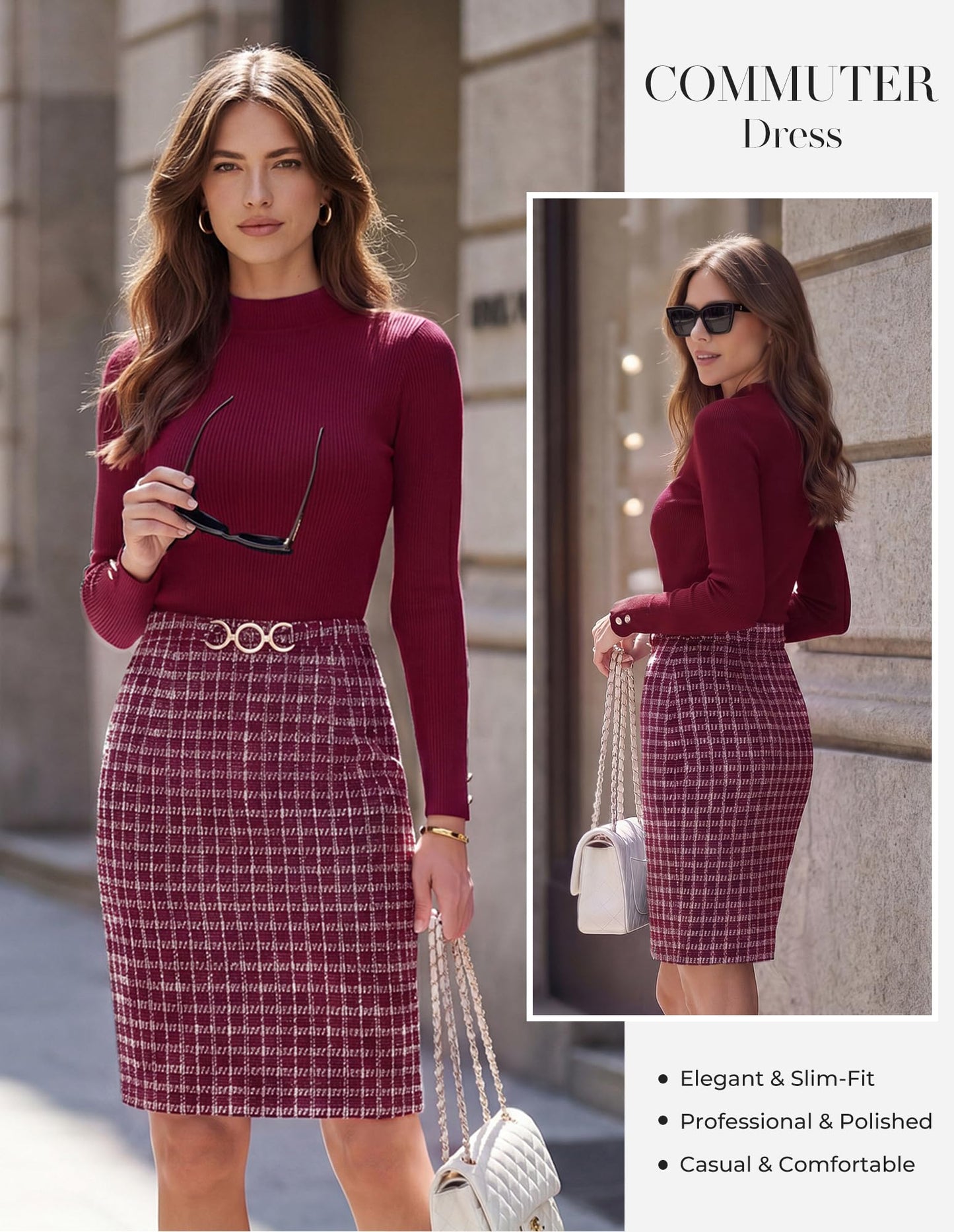 GRACE KARIN Women Long Sleeve Work Business Pencil Tweed Dress
