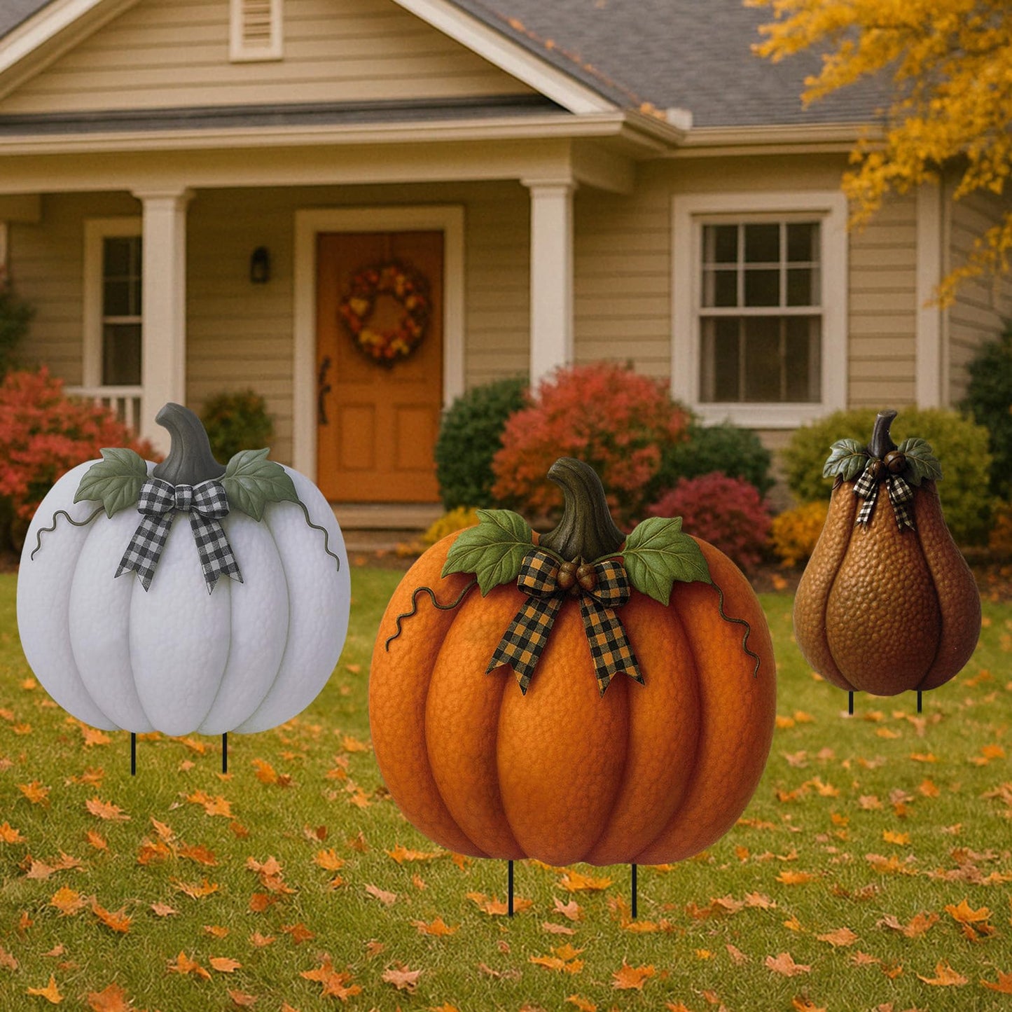 3 Pcs Fall Metal Stacked Pumpkin Garden Stakes Outdoor 3D Retro Pumpkin Decoration Fall Yard Stakes Lawn Signs Decorative for Autumn Harvest Holiday Pathway Patio Decor