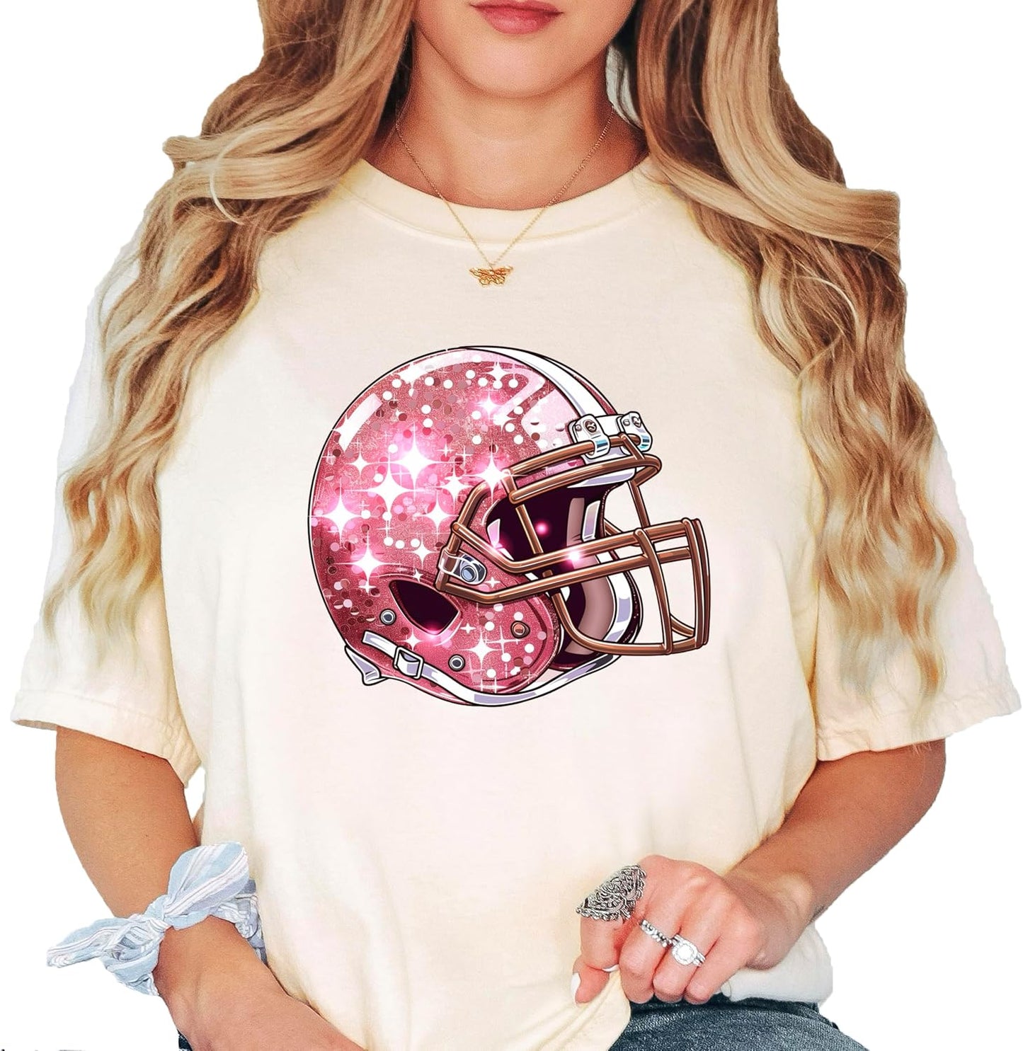 Pink Football Helmet Faux Glitter Shirt for Women and Teens Girly Football Fan Oversized Tee