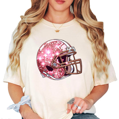Pink Football Helmet Faux Glitter Shirt for Women and Teens Girly Football Fan Oversized Tee