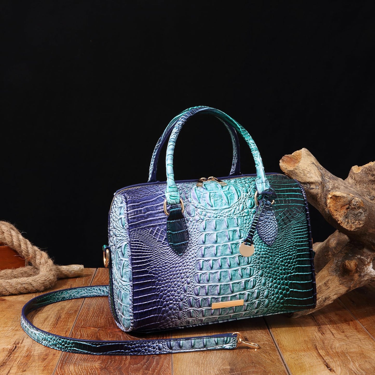 Makcr Joacbv Crocodile Handbag for Women Top Handle Leather Shoulder Purse | Glossy crocodile-embossed vegan leather with rolled handles, buckle details, a structured dome shape, and adjustable strap.