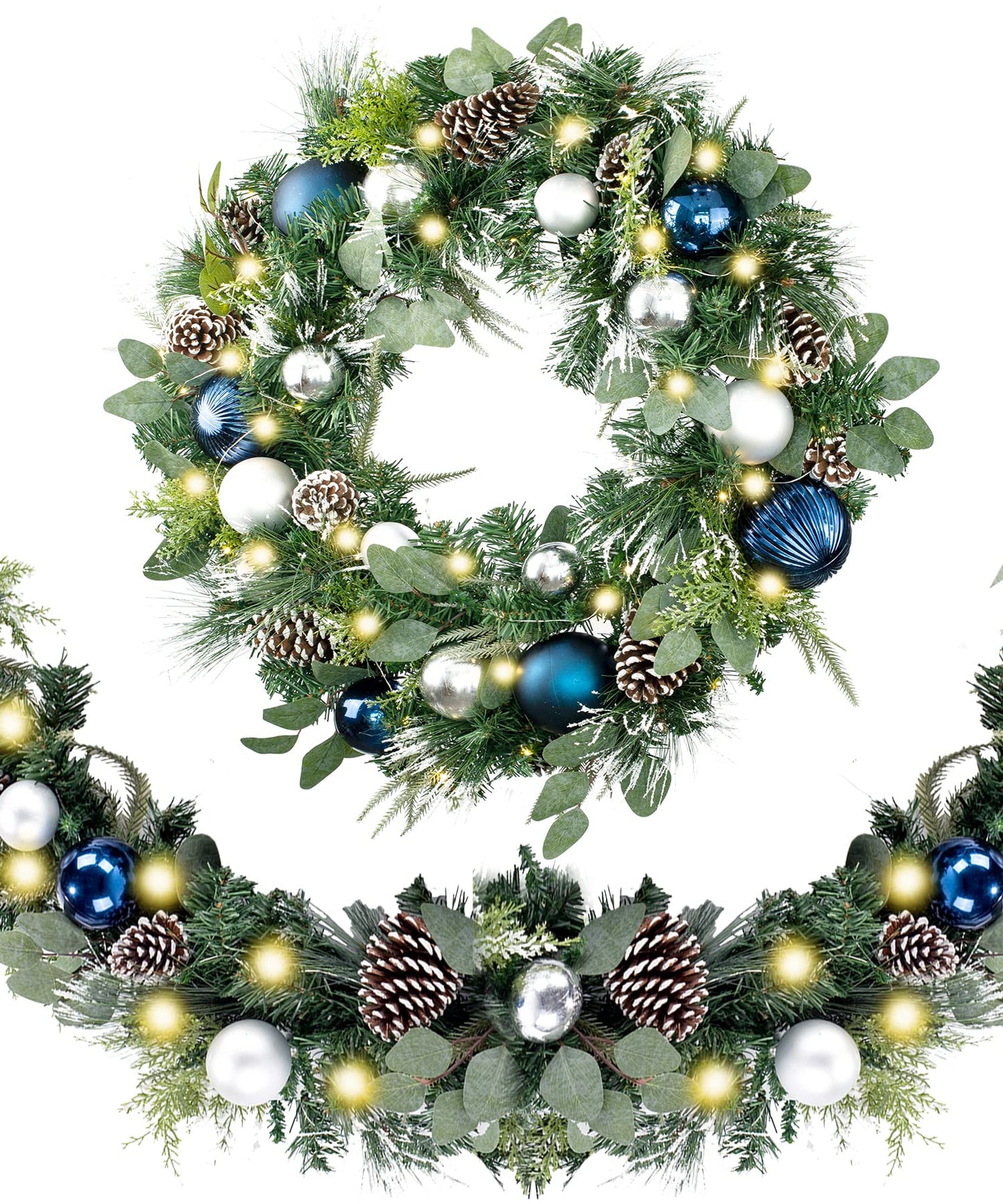 WANNA-CUL Pre-lit 9Feet /108 Inch Christmas Garland with Lights for Front Door, Red Gold Ligthed Christmas Mantel Garland Decoration with Ball Ornaments, Battery Operated 50 LED