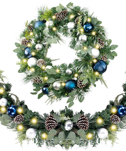 WANNA-CUL Pre-lit 9Feet /108 Inch Christmas Garland with Lights for Front Door, Red Gold Ligthed Christmas Mantel Garland Decoration with Ball Ornaments, Battery Operated 50 LED
