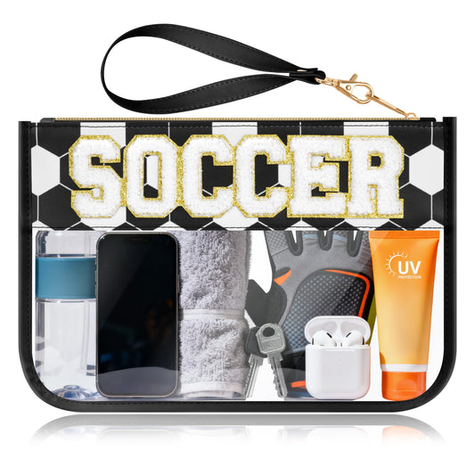 BuyCard Soccer Gift Makeup Bag with Chenille Letter Patch, Clear Cosmetic Pouch PVC Organizer Purse, Waterproof Travel Bag, Portable Toiletry Storage Bag for Her Friends
