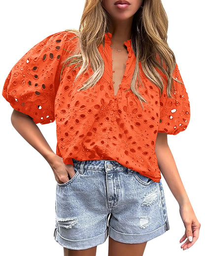 PRETTYGARDEN Womens Tops Boho Eyelet Puff Sleeve Blouse