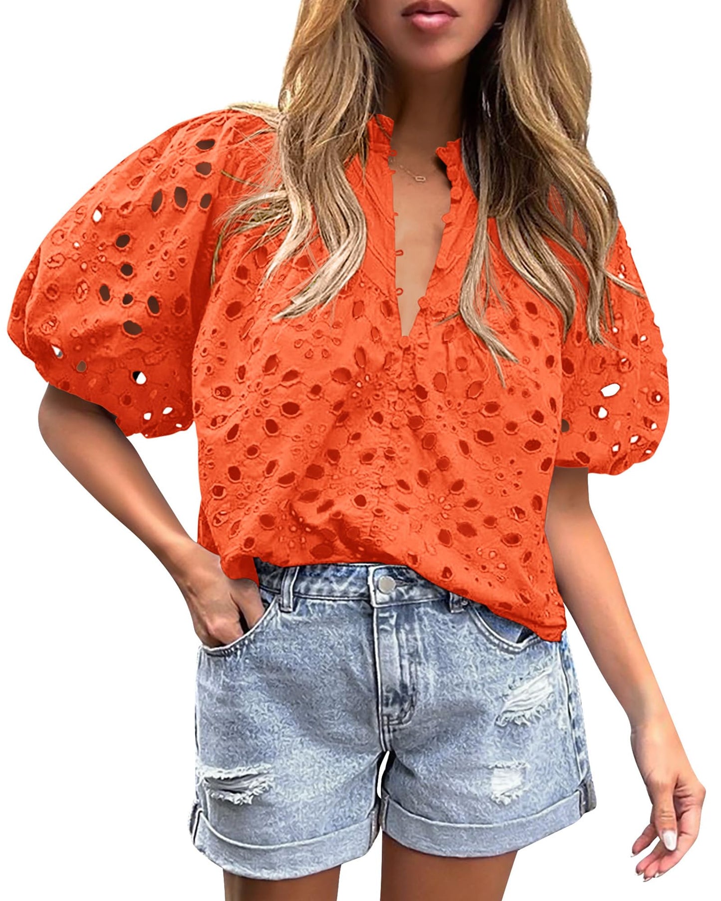 PRETTYGARDEN Womens Tops Boho Eyelet Puff Sleeve Blouse