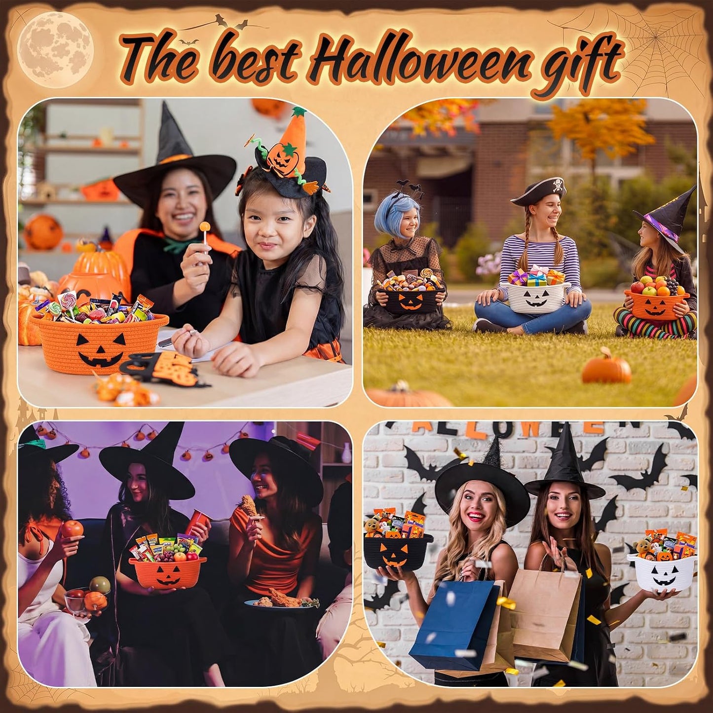 Newtay 3 Pcs Halloween Spooky Woven Baskets Set Empty Gift Baskets