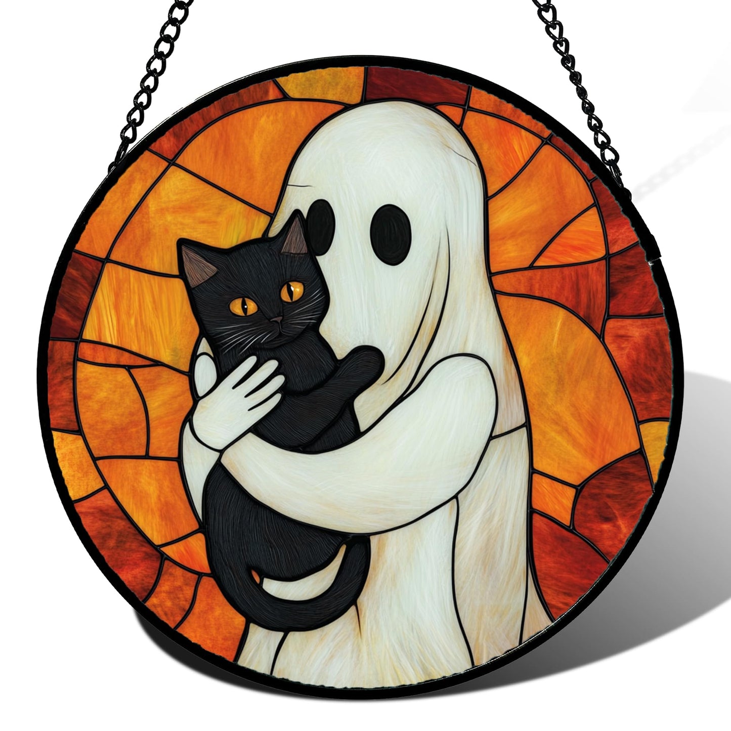 Stained Glass Window Hanging - Halloween Red White Scary Pumpkin Suncatcher for Doors Garden Home Spooky Rattan Sun Catchers Gothic Decor Horror Gifts for Women Men Friend Boy Girl 15 in