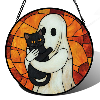 Stained Glass Window Hanging - Halloween Red White Scary Pumpkin Suncatcher for Doors Garden Home Spooky Rattan Sun Catchers Gothic Decor Horror Gifts for Women Men Friend Boy Girl 15 in