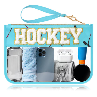 BuyCard Soccer Gift Makeup Bag with Chenille Letter Patch, Clear Cosmetic Pouch PVC Organizer Purse, Waterproof Travel Bag, Portable Toiletry Storage Bag for Her Friends