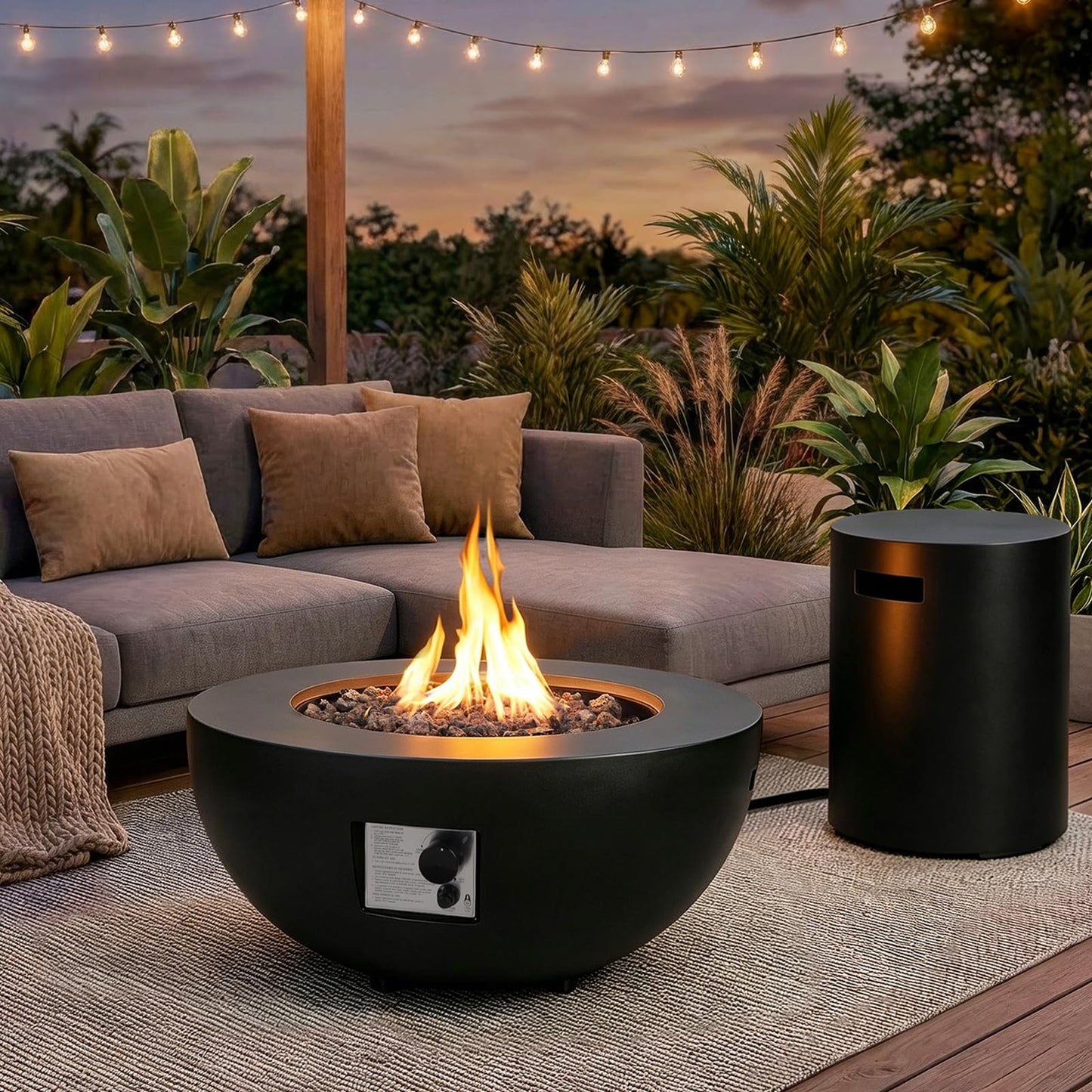31.5 Inch Round Propane Fire Pit Table - Concrete Round Fire Bowl 50,000 BTU Natural Gas Firepit Burner with Steel Lid, Lava Rocks, Waterproof Cover for Outside Patio, Backyard, Party