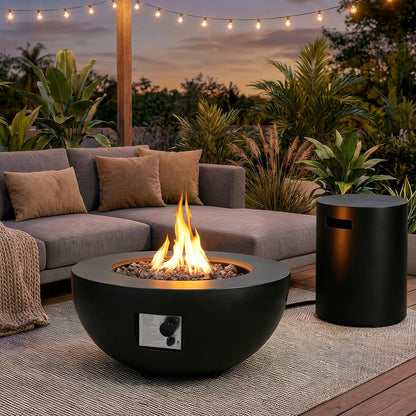 31.5 Inch Round Propane Fire Pit Table - Concrete Round Fire Bowl 50,000 BTU Natural Gas Firepit Burner with Steel Lid, Lava Rocks, Waterproof Cover for Outside Patio, Backyard, Party