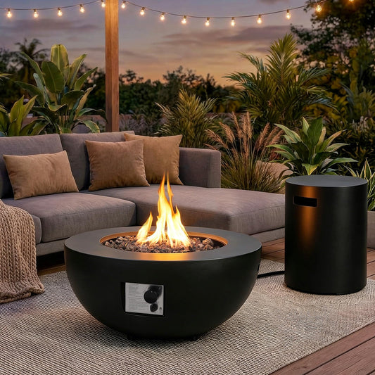 31.5 Inch Round Propane Fire Pit Table - Concrete Round Fire Bowl 50,000 BTU Natural Gas Firepit Burner with Steel Lid, Lava Rocks, Waterproof Cover for Outside Patio, Backyard, Party