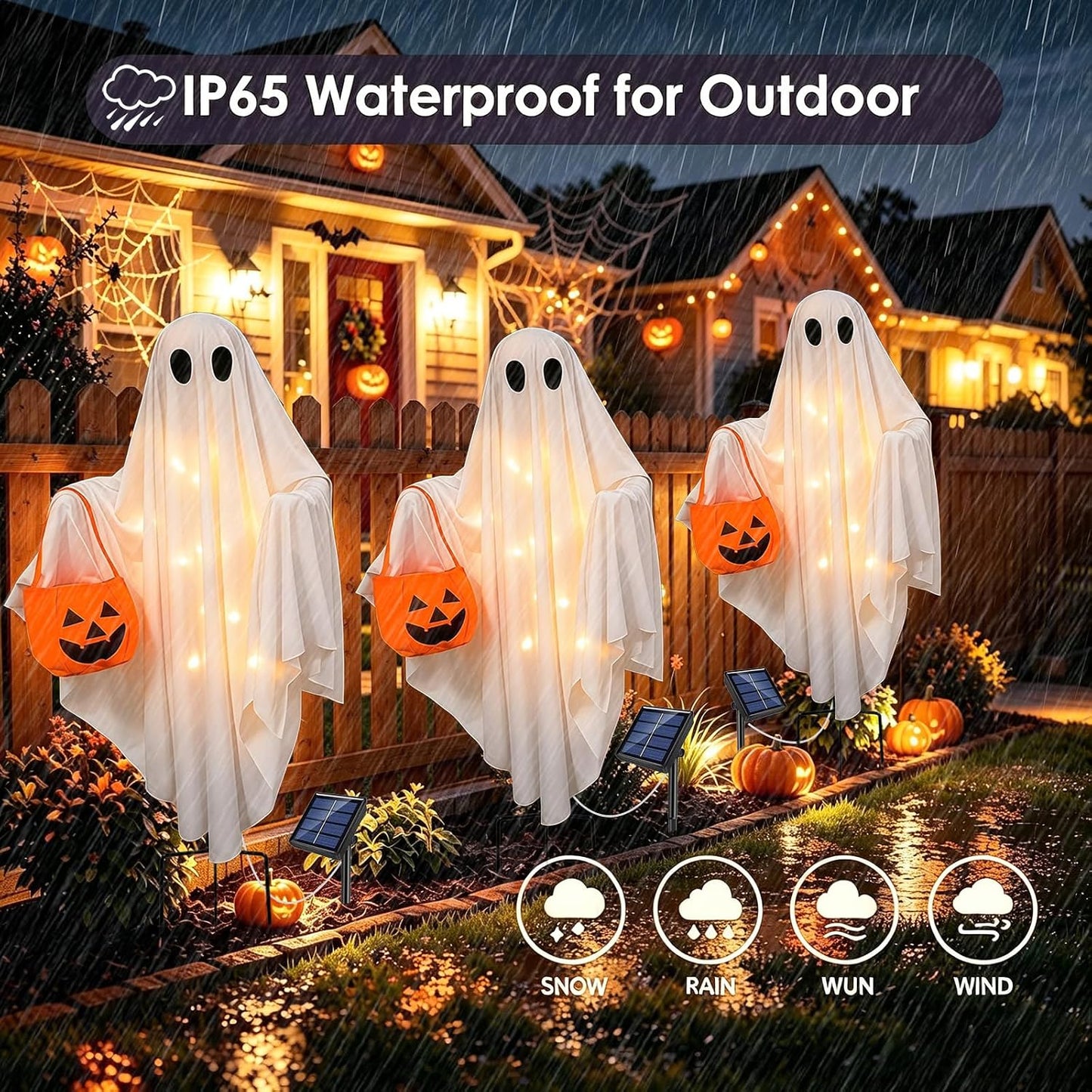 Solar Ghost Halloween Lights 2Pack Hanging Stake Yard Decor | Solar glowing ghost decor, rainproof, dual mount. Perfect lawn porch decor for Halloween fans.