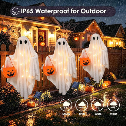 Solar Ghost Halloween Lights 2Pack Hanging Stake Yard Decor | Solar glowing ghost decor, rainproof, dual mount. Perfect lawn porch decor for Halloween fans.