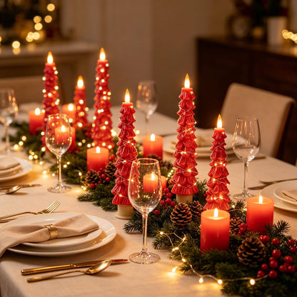 2 Pack White Christmas Tree LED Taper Candles, Flameless Flickering Candles with Copper String Lights, Upgraded Realistic Flame Effect, Battery Operated with Remote for Christmas Home Decoration