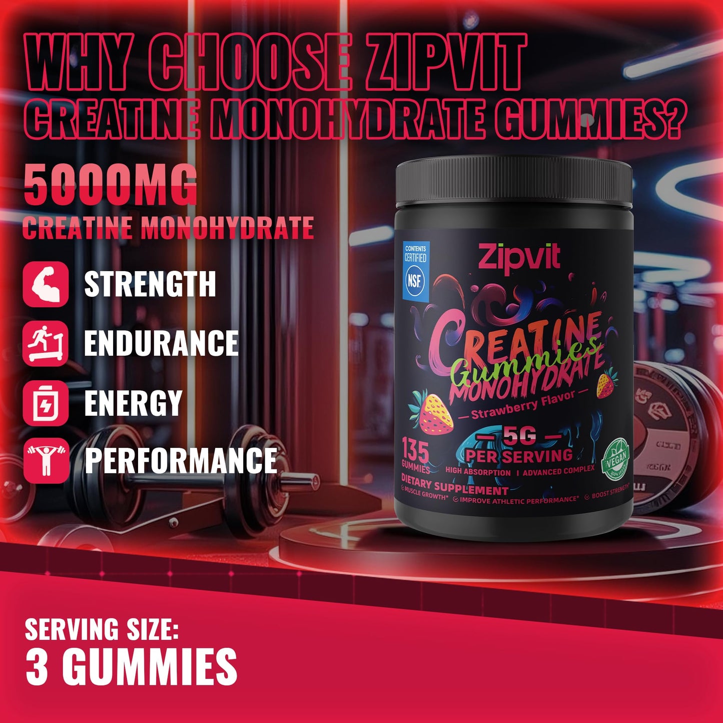 Creatine Monohydrate Gummies, NSF Certified Creatine Gummy, 5g Dose for Men & Women to Support Muscle, Strength, Recovery, Cognitive Health & Memory, Pineapple Flavor, 135 Gummies