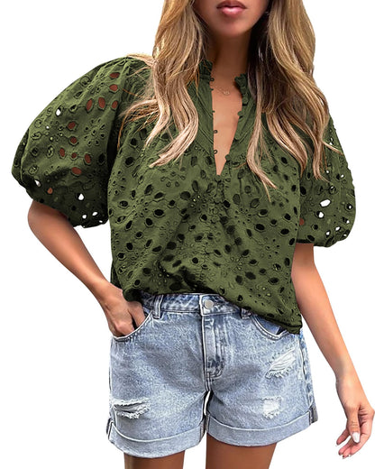 PRETTYGARDEN Womens Tops Boho Eyelet Puff Sleeve Blouse