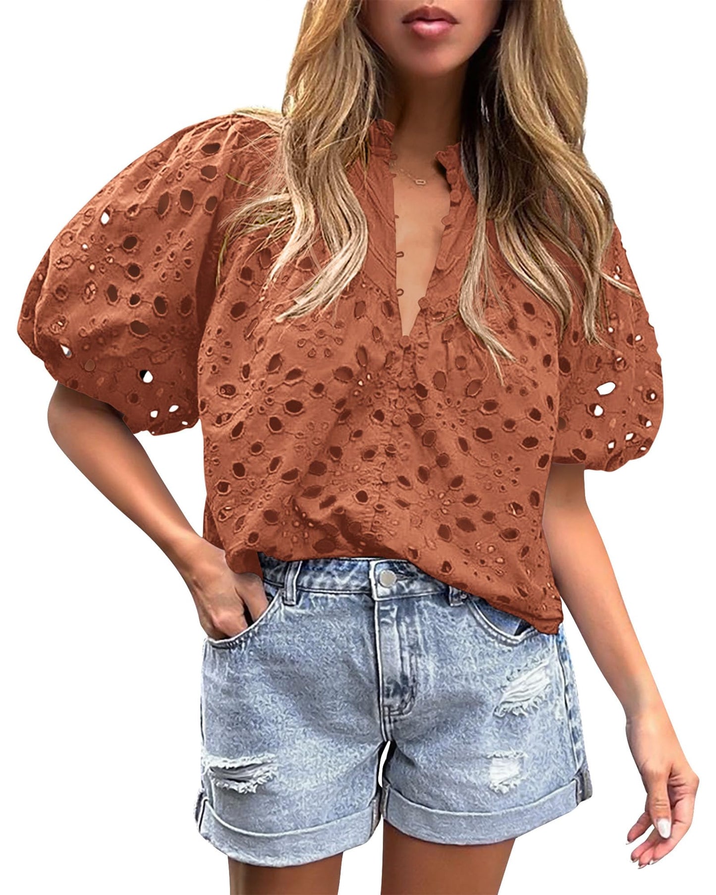 PRETTYGARDEN Womens Tops Boho Eyelet Puff Sleeve Blouse