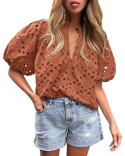 PRETTYGARDEN Womens Tops Boho Eyelet Puff Sleeve Blouse