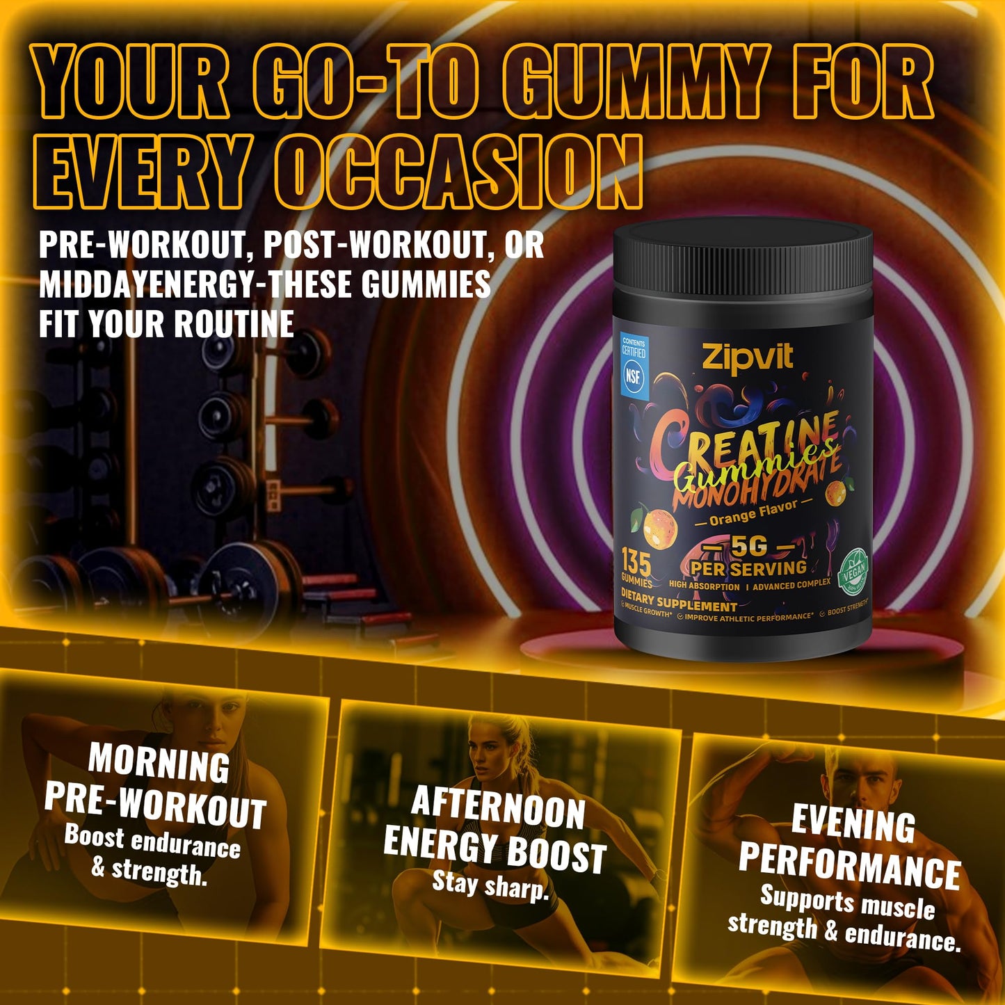 Creatine Monohydrate Gummies, NSF Certified Creatine Gummy, 5g Dose for Men & Women to Support Muscle, Strength, Recovery, Cognitive Health & Memory, Pineapple Flavor, 135 Gummies