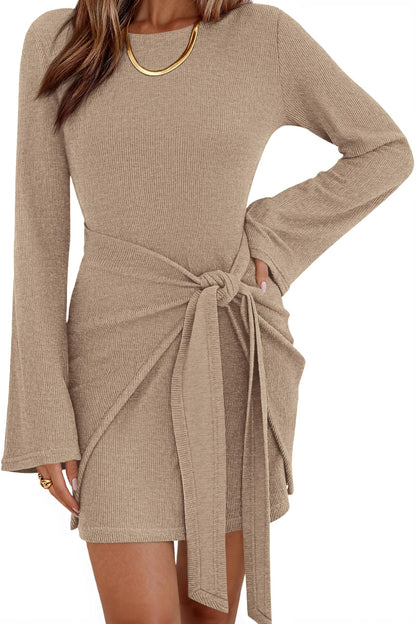 dowerme Women Bell Long Sleeve Tie Waist Bodycon Mini Dress