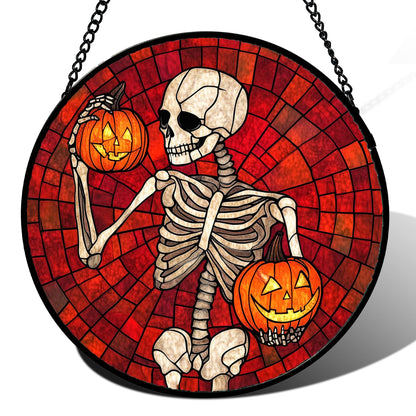 Stained Glass Window Hanging - Halloween Red White Scary Pumpkin Suncatcher for Doors Garden Home Spooky Rattan Sun Catchers Gothic Decor Horror Gifts for Women Men Friend Boy Girl 15 in