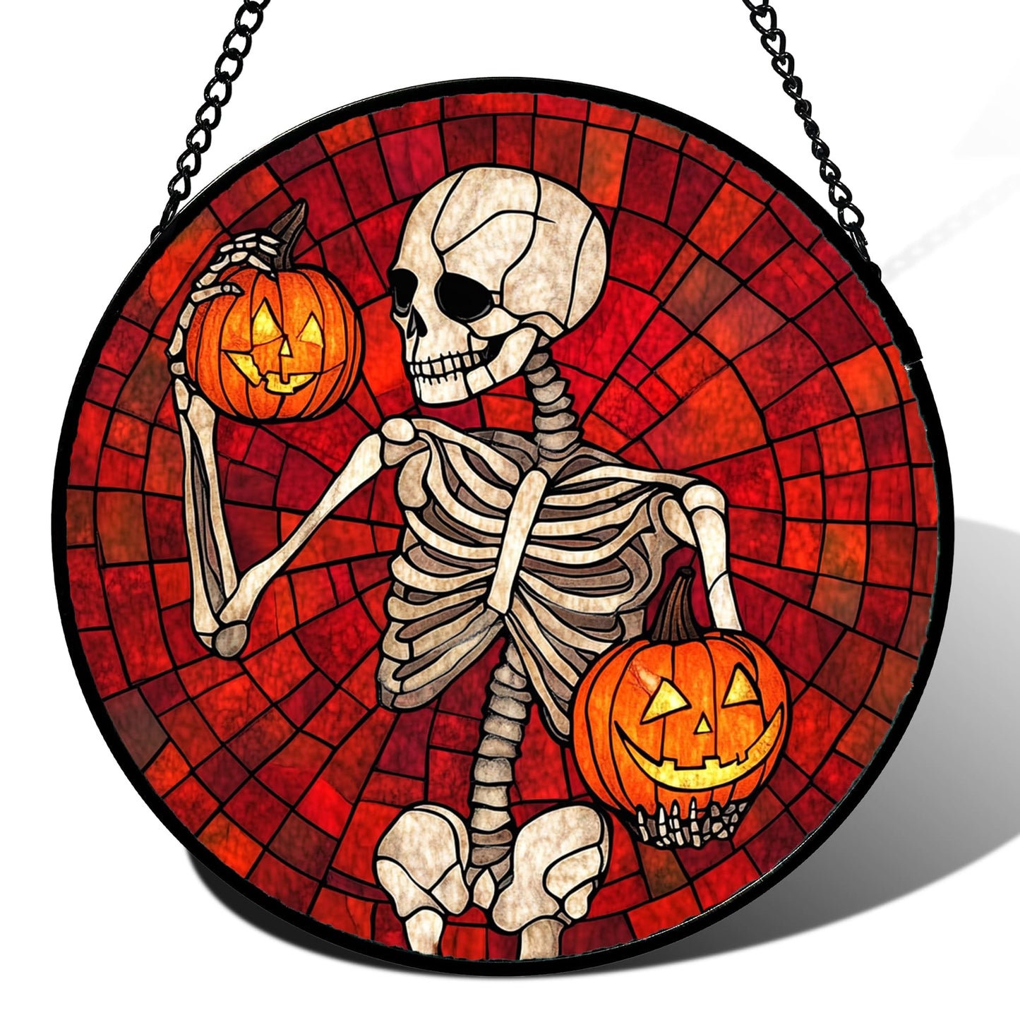 Stained Glass Window Hanging - Halloween Red White Scary Pumpkin Suncatcher for Doors Garden Home Spooky Rattan Sun Catchers Gothic Decor Horror Gifts for Women Men Friend Boy Girl 15 in