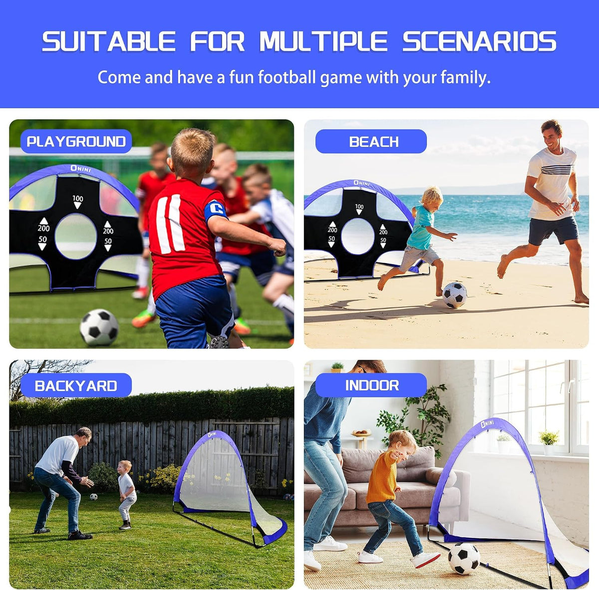 Onini Upgrade 6 Foot Pop Up Soccer Goals Blue - Portable Foldable Training Football Net with Target and Bag - Ideal for Toddler, Boys, Youth Outdoor Sports Games(2 Pack)