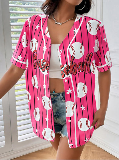 Baseball Shirt Women Baseball Jersey Graphic Button Down Shirt Game Day Short Sleeve Tops