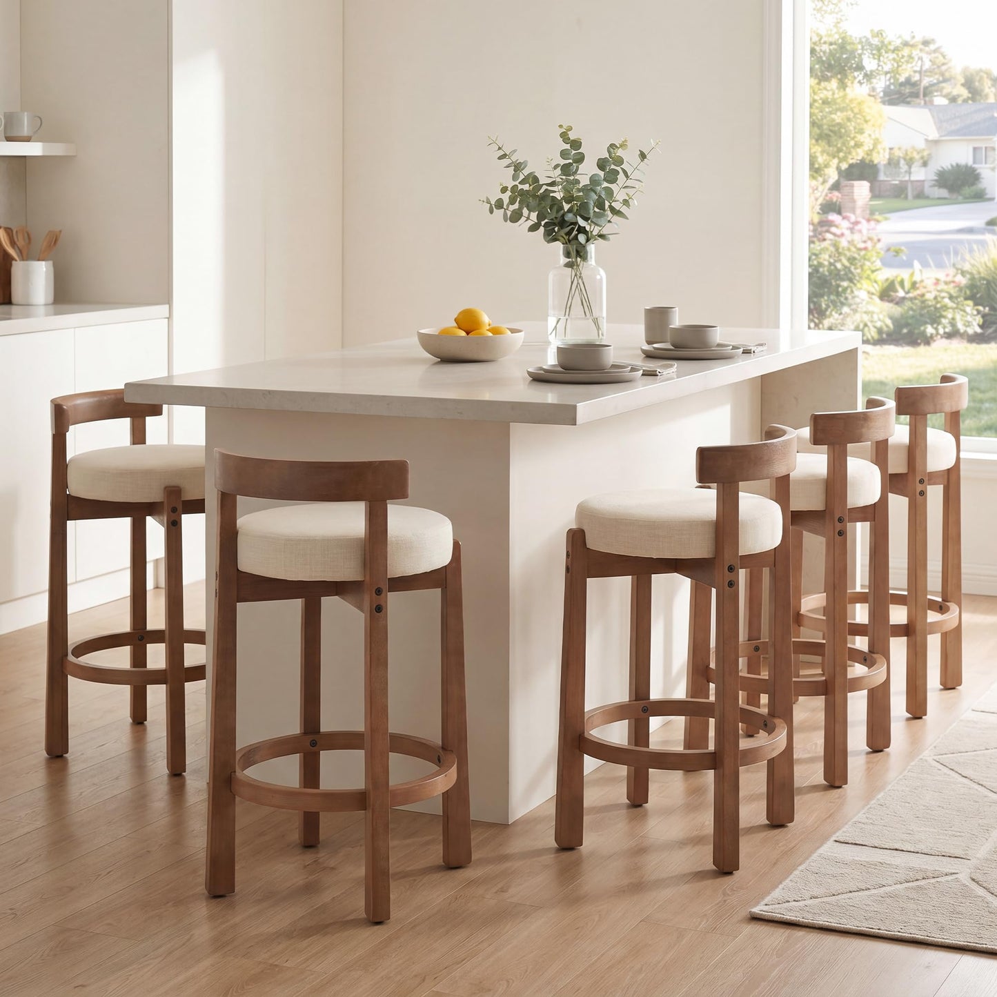 LukeAlon Mid Century Linen Counter Stools Set of 4, Upholstered 26.5” Seat Height Low Barstools with Natural Wood Legs Round Low Back Kitchen Stools with Footrest for Dining Room, Beige