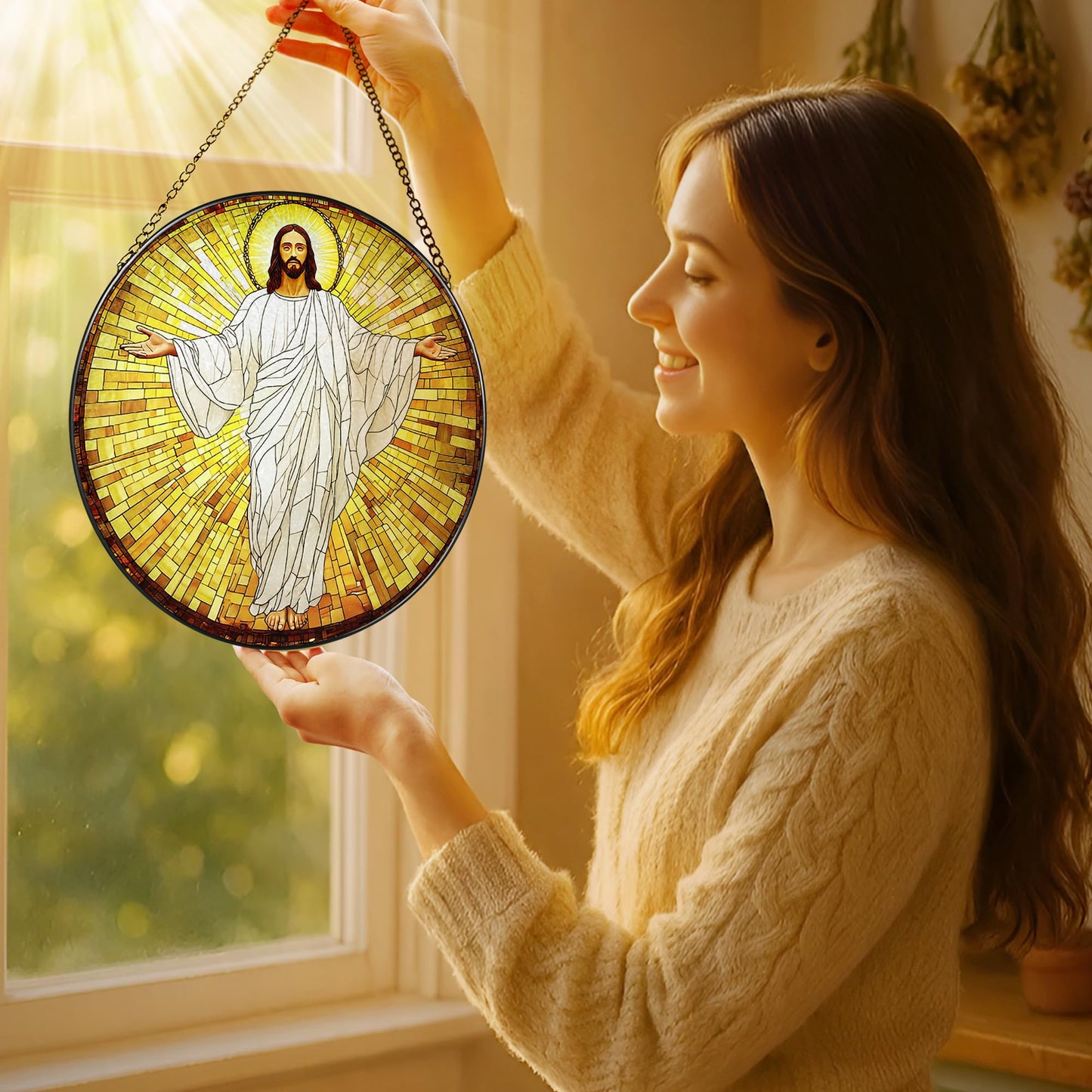 8-Inch Jesus with Cardinals Suncatcher Ornament, Stained Glass Window Hanging & Religious Christmas Ornament, Christian Window Decor — Memorial Gift, Christian Gifts for Her, Religious Gifts