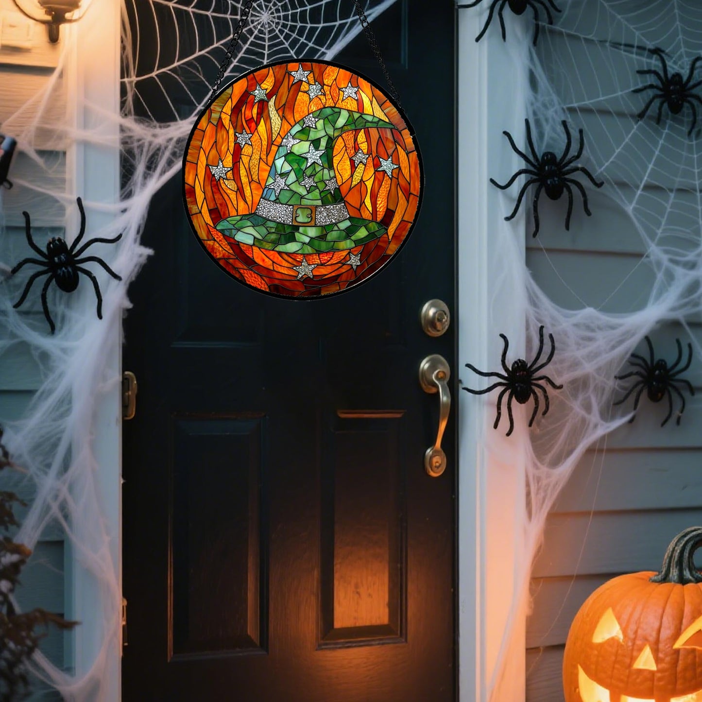 Stained Glass Window Hanging, Halloween Decorations Evil Pumpkin Suncatcher for Doors Garden Indoor Spooky Funny Orange Sun Catchers Gothic Decor Horror Gifts for Women Men Friend 15 in